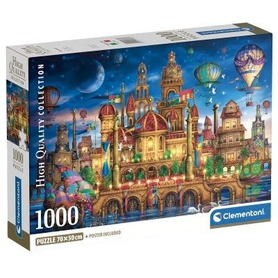 Embalagem de puzzle Clementoni 1000 peças com ilustração de cidade fictícia iluminada e balões de ar quente