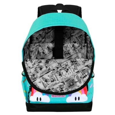 Mochila azul clara com estampa interior a preto e branco de banda desenhada e texto Minnie na parte frontal