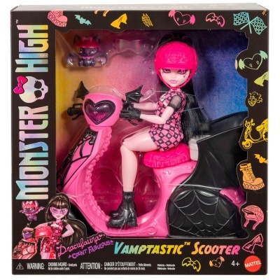 Boneca Monster High Draculaura com scooter rosa em embalagem preta colorida