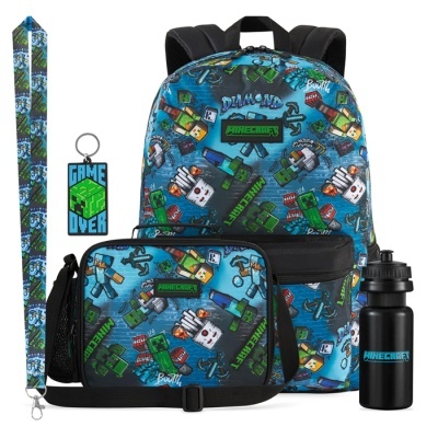 Conjunto mochila e acessórios Minecraft azul com personagens do jogo