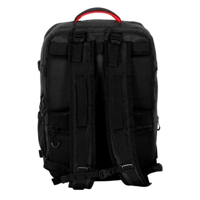 Mochila preta com alças acolchoadas e alça de transporte vermelha