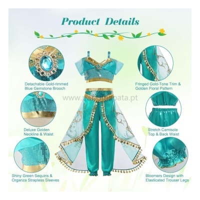 Conjunto fantasia azul com acessórios dourados e pedras preciosas