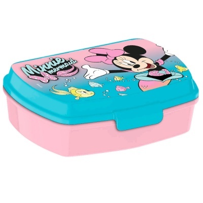 Estojo escolar com tampa azul e base rosa com imagem da Minnie Mouse e peixes.