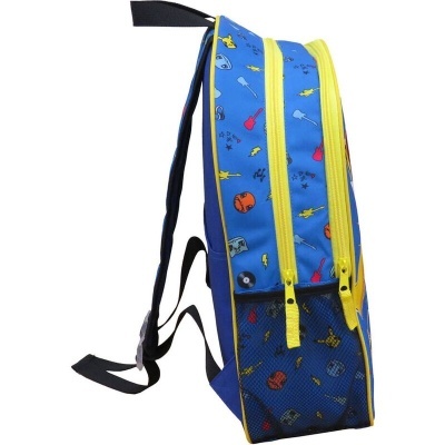 Mochila azul com padrões coloridos de guitarras e fechos amarelos