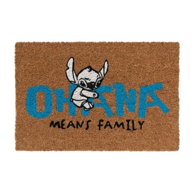 Tapete de entrada com personagem Stitch e texto 'OHANA MEANS FAMILY'