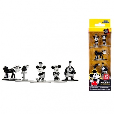 Figuras colecionáveis Disney Mickey Mouse preto e branco com embalagem amarela.