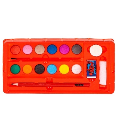 Estojo de tinta guache colorida com 12 cores, pincel, borracha, apontador e aplicador, em estojo laranja.
