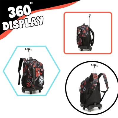 Mochila com rodas preta com estampa de bolas de futebol e caveiras e texto vermelho