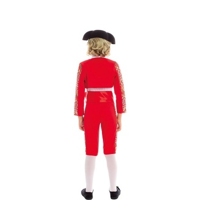 Fato vermelho com detalhes dourados visto de costas em criança