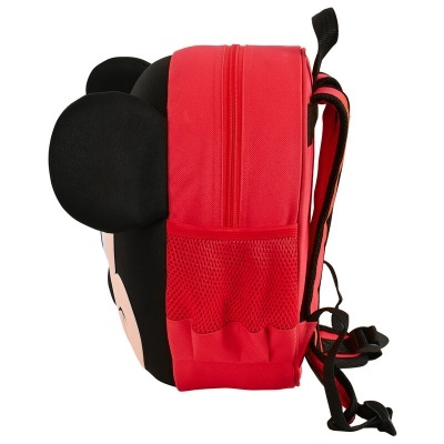 Mochila infantil vermelha e preta com tema Mickey Mouse vista de lado