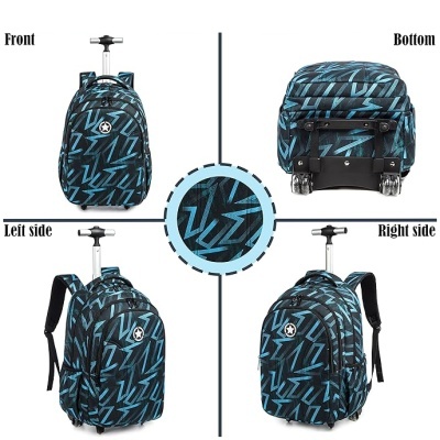 Mochila com padrão azul e preto e rodas vista de vários ângulos