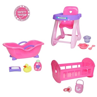 Brinquedos de bebé rosa e roxo com acessórios e selo de segurança