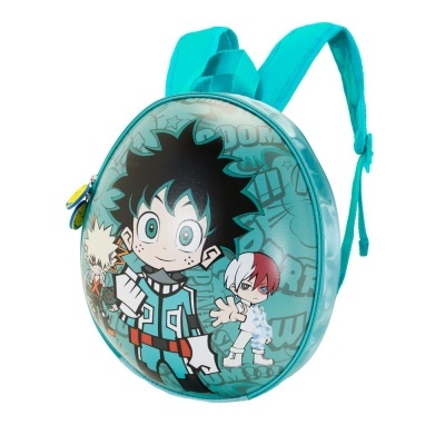 mochila azul turquesa com estampa de personagens de anime