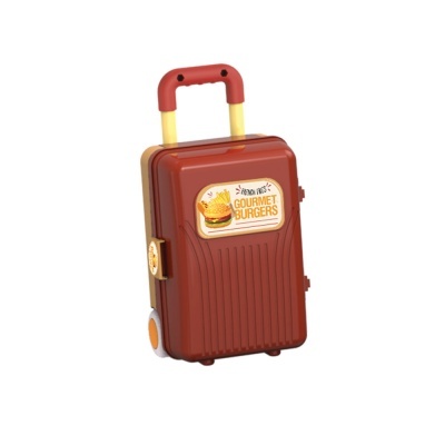 Mala de viagem brinquedo vermelha com etiqueta GOURMET BURGERS