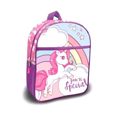Mochila infantil rosa com unicórnio e texto you're special