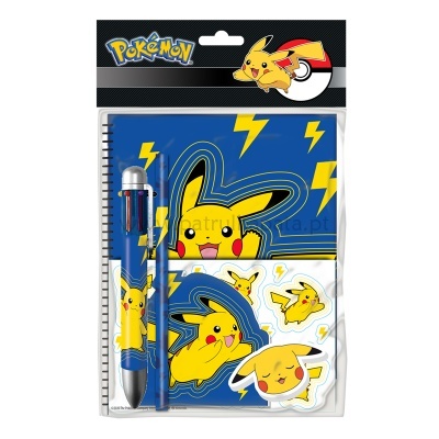 Conjunto Pokémon com caderno, caneta e autocolantes com tema do Pikachu