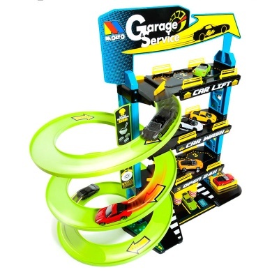 Parque de estacionamento para brinquedo com rampa espiral verde e carrinhos coloridos