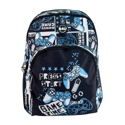 Mochila preta com padrão azul e branco de comandos de videojogos e texto PRESS START e GAME TIME