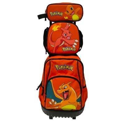 Mochila de rodas laranja Pokémon com imagens de Charmander, Charmeleon e Charizard