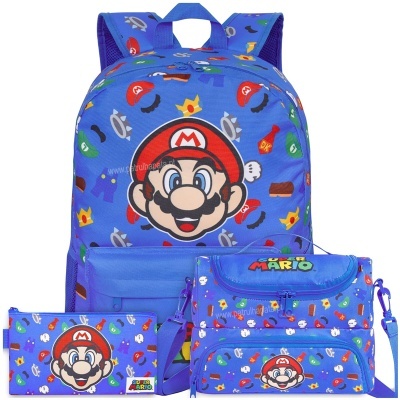 Mochila, estojo e bolsa Super Mario azuis com padrões coloridos e rosto do Mario.