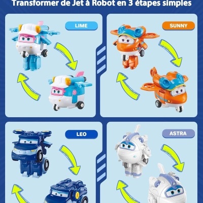 Brinquedos transformáveis 2 em 1 em cores lime, sunny, leo e astra mostrando transformação de jato para robô.