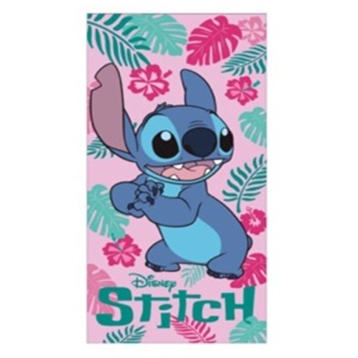 Toalha Disney Stitch azul com fundo rosa e folhas verdes