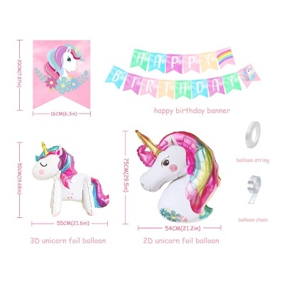 Conjunto de decoração de unicórnio com balões foil e faixa de aniversário colorida