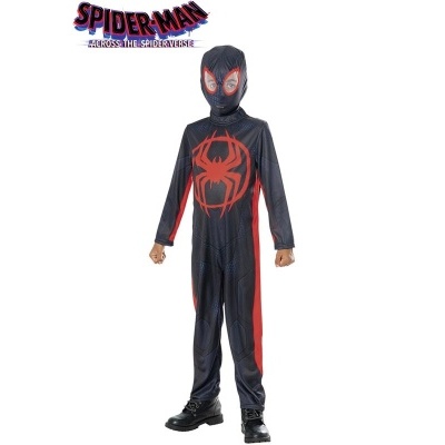 Fato infantil Spider-Man preto e vermelho com máscara e símbolo de aranha