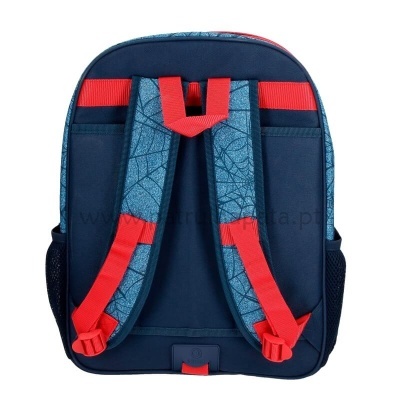 Mochila azul e vermelha vista de trás com alças almofadadas ajustáveis