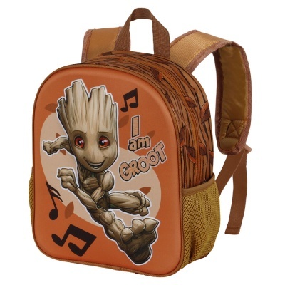 Mochila infantil castanha com imagem do Groot e notas musicais