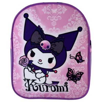 Mochila rosa com personagem Kuromi e borboletas
