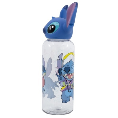 Garrafa transparente com tampa azul com forma da personagem Stitch e ilustrações de Stitch
