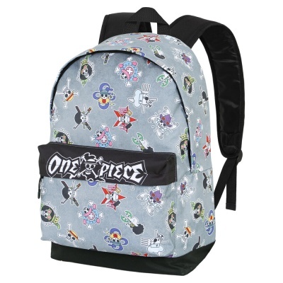 Mochila cinzenta com padrões coloridos e bolso frontal preto com 'ONE PIECE' branco