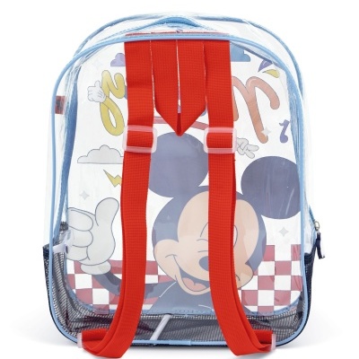 Mochila transparente do Mickey Mouse com alças vermelhas e bolsos laterais em rede