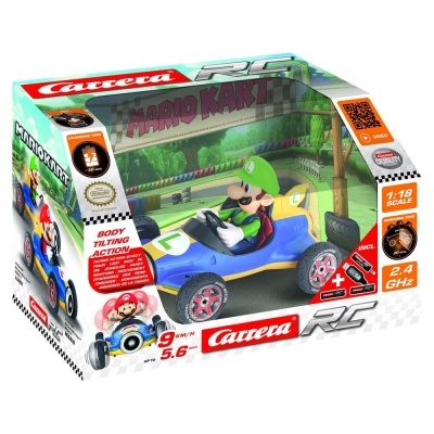 Caixa de carrinho azul de controlo remoto Carrera RC com Luigi de Mario Kart e texto promocional