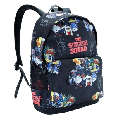 Mochila preta com estampado colorido e texto The Suicide Squad
