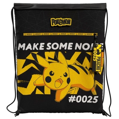 Mochila saco preta com design Pikachu amarelo e textos MAKE SOME NOISE, #0025 e PIKACHU