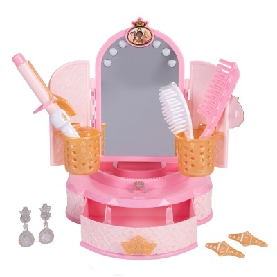 Conjunto de penteadeira de brinquedo cor-de-rosa com espelho e acessórios para cabelo