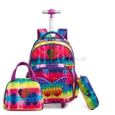 Mochila de rodinhas, bolsa e estojo com padrão tie-dye colorido e estampa de borboleta