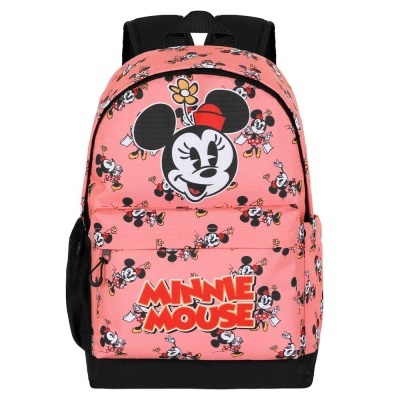 Mochila rosa com estampado da Minnie Mouse e texto Minnie Mouse em vermelho