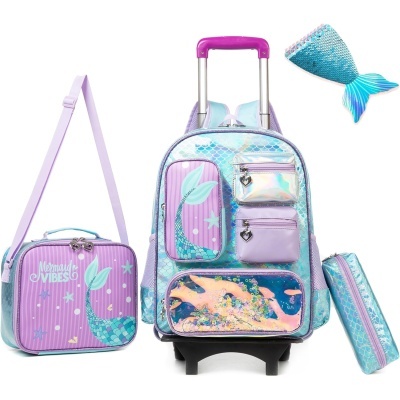 Conjunto mochila escolar com rodinhas, lancheira e estojo com tema de sereia em lilás, azul e rosa