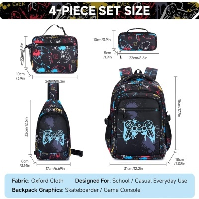 Conjunto de mochila escolar, bolsa e carteira com padrões de comandos de videojogos em tecido preto