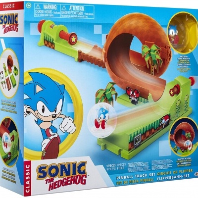 Conjunto de pista de pinball Sonic The Hedgehog em caixa azul com texto e imagens