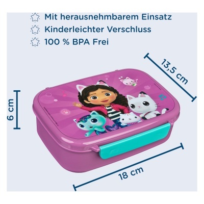 Caixa de lanche cor-de-rosa com personagens animados e fecho azul-turquesa