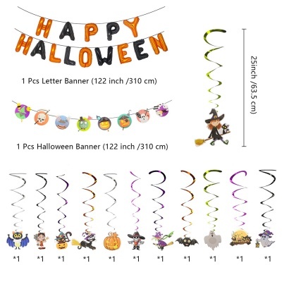 Decoração de Halloween com banners e espirais penduradas coloridas com temas de bruxa, abóbora, morcego e fantasma