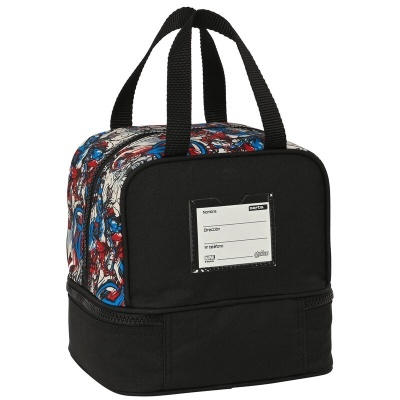 mala térmica preta e colorida com alças duplas e etiqueta frontal