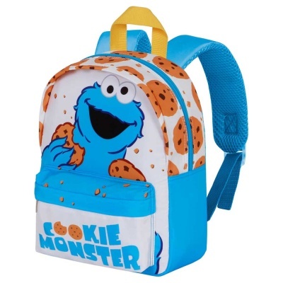Mochila infantil com desenho do Cookie Monster e padrão de bolachas.