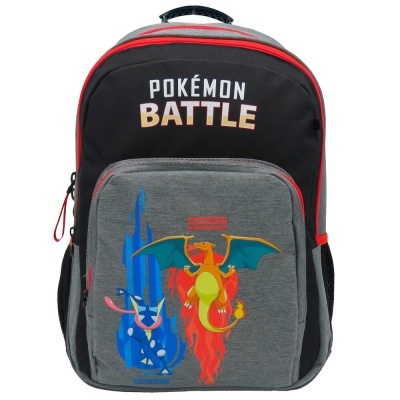 Mochila preta e cinzenta com ilustração e texto Pokémon Battle
