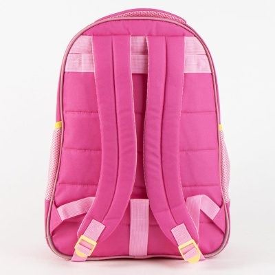 Mochila cor-de-rosa com alças acolchoadas ajustáveis e fivelas amarelas vista de trás