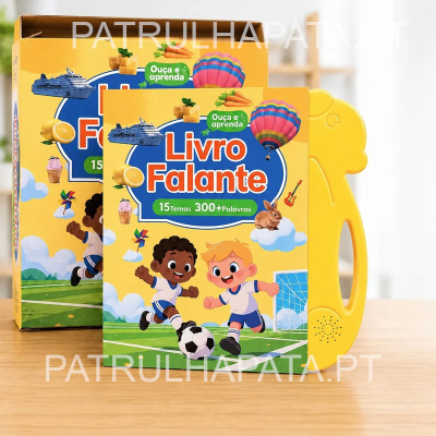 Livro infantil falante com ilustração de crianças a jogar futebol e texto educativo
